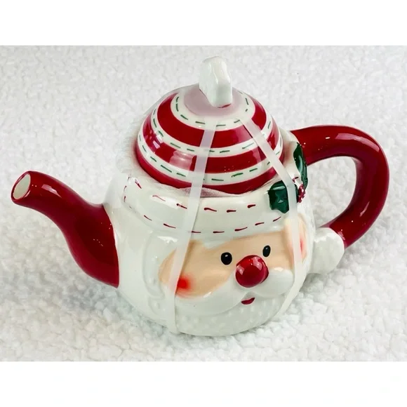 (NWT) HOLLY & MOSS • Red/White Christmas Holiday Santa Claus Teapot - Picture 7 of 12